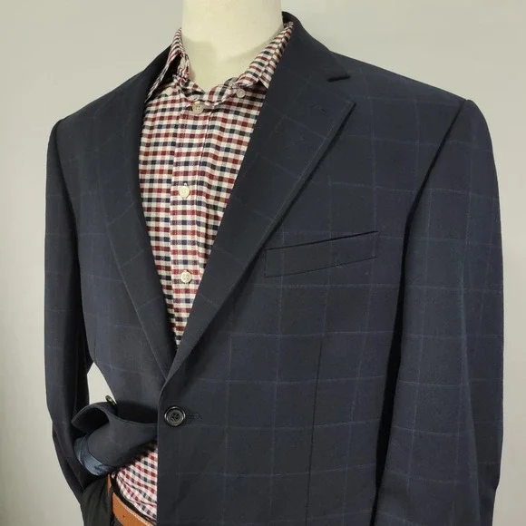 Nautica Men's Sport Coat Blazer Two Button Navy Blue Plaid‎ Wool Size 44R